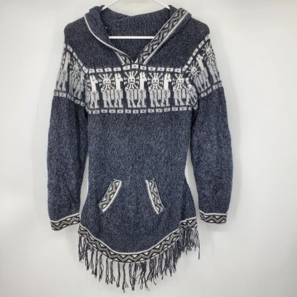 Albinaas Alpaca Grey‎ Llama Sun Print Tassel Fringe Hooded Sweater Boho Peruvian